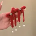 Winter festive red velvet bow earrings with snowflake crystals and teardrop pearls - Red Plush Bowknot Snowflake Pearl Dangle Earrings (43# Silver Pin-Red)