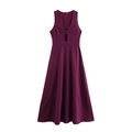 Elegant deep purple V-neck sleeveless maxi dress with hollow out waist and metal ring buckle - XS / Rouge Red
