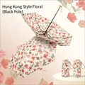 Vintage cherry floral folding sun umbrella with matching sleeve and beige fabric - Flat 6-Fold Double Sided Hong Kong Style Floral