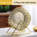 Set de 6 assiettes en verre ambre doré avec support d'exposition en métal doré élégant - Or Ambré (6 PC + Support)
