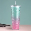 Blue and pink gradient mermaid scale tumbler with double-wall plastic and straw - 24oz / Gradient Green Pink