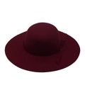Detail view of burgundy wool felt wide brim fedora hat with matching ribbon bow decoration - 10cm Round Top Bow / Burgundy