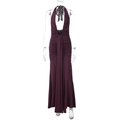 Detail of deep purple halter dress with plunging V-neck and ruched pleated fabric texture - S / Burgundy