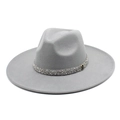 Detail of wide brim grey fedora hat featuring rhinestone band and metallic M logo - M (56-58cm) / Light Gray