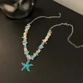 Summer beach ceramic conch necklace with blue starfish and white pearls on black surface - 5# Necklace - Silver-Blue