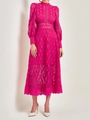 Elegant rose red lace embroidery midi dress with stand collar and puff sleeves for party - S / Rose Red