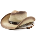 Western straw cowboy hat with gradient finish and metallic lion emblem on studded band - M(56-58cm) / Beige Coffee