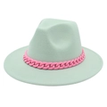 Detail of mint green fedora wool hat featuring a bold pink acrylic chain decoration - Mint Green