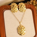 Golden jewelry set featuring woven texture earrings and oval pendant necklace for women - Gold Oval Woven Pattern Jewelry Set