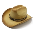 Classic straw western cowboy hat with wide rolled brim and decorative brown leather band - M (56-58cm) / Khaki