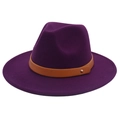 Detail of dark purple wool fedora hat featuring a brown leather belt with gold metal studs - M(56-58cm) / Purple