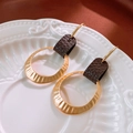Vintage geometric gold hammered circle earrings with dark brown leather accents on silk - 5# Irregular Hammered Leather Link Earrings