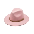 Close-up of pink felt fedora hat featuring a brown leather strap with golden buckle detail - M(56-58cm) / Pink