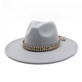 Detail of grey wide-brim wool fedora hat with ethnic woven band and brown leather drawstring - M (56-58cm) / Light Gray
