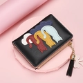 Black short leather wallet for women featuring colorful cat patches and a black tassel - Black