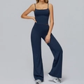 Navy blue two-piece yoga set featuring a square neck cami top and high-waisted wide-leg pants - Badge Blue (Vest+Wide Leg Pants)