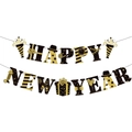 Striscione Happy New Year nero e oro glitterato con motivi festivi di cappelli e orologi - Banner Felice Anno Nuovo - Nero Oro