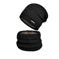 Schwarzes Strickmützen und Schal Set mit thermischem braunem Fleece-Futter - Schwarz