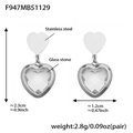 Silver stainless steel heart earrings with glass stone inlay and product dimensions - White Faceted Stone Steel Earrings (F947)