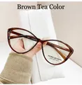 Cat eye blue light blocking glasses in transparent tea brown finish with leather case - Transparent Tea (Plain Lens)