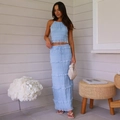Light blue two-piece chiffon set with sleeveless halter top and tiered maxi skirt - S / Blue