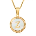 18K gold plated titanium necklace with mother of pearl Z letter coin pendant - Gold Letter Z