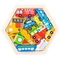 Wooden hexagonal puzzle set with colorful vehicle and space-themed pieces for kids - Large Hexagon - Transport