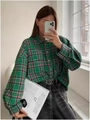 Women vintage plaid long sleeve shirt with oversized fit and green flannel pattern - S / Green