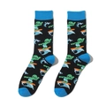 Detail of black crew socks with blue contrast toe and pixel alien surfing pattern - One Size / A781-Alien Black