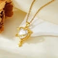 Detail of gold heart Saturn pendant with white zircon and star charm on silk - Gold White Zircon Heart Planet Necklace (T021)