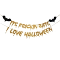 Glittery gold It's Frickin Bats I Love Halloween banner with black bats decor - Gold Glitter