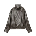 Giacca biker da donna in ecopelle marrone scuro con colletto alla coreana ed elastici - XS / Marrone Scuro