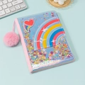 A5 Cartoon Regenbogen Herz Notizbuch mit Glitzersand und rosa Plüschkanten - Regenbogen Herz/Treibsand Pailletten/Rosa Bommel / Blau Regenbogen