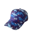 Detail of kids baseball cap featuring dark blue shark print and curved brim - Dark Blue Sharks