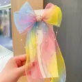 Rainbow gradient organza hair bow with pearls and 25cm streamers for girls - Rainbow Gradient With Pearl Chain