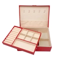 Double-layer red leather jewelry organizer box with soft beige velvet lining and lock - Double Layer / Red