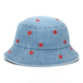 Light blue denim toddler sun hat featuring embroidered red heart patterns all over - 50cm (Recommended 1-3 Years) / Heart - Light Blue