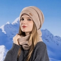 Conjunto de gorro y bufanda de punto beige avena con etiqueta de cuero de JOYLORD - Rosa