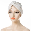 Two-tone turban hat in white and beige with front cross pleated design for women - White & Beige