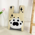 Cute knitted wrist bag with beige cat paw pattern and black star design - Beige Large Cat Paw
