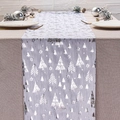 Light gray velvet table runner with silver bronzed Christmas tree and star patterns - White Christmas Tree
