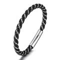 Minimalist black braided leather couple bracelet with silver metal cylinder clasp closure - Woven Cowhide and Silver Metal Wire/Silver Magnetic Clasp / Black and White Mixed