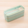 Mint green double-layer 750ml bento lunch box with cutlery on wooden surface - Double Layer-Green (750ml)-Heat Shrink Film