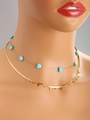 Detail showing 14K gold-plated layered necklace with turquoise heart beads and crosses - Style C (Double Layer Blue Heart Beads Snake Chain Cross)