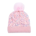 Close-up of pink knit beanie with sequins and a large detachable pom-pom detail - Pink