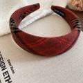Detail of red and black plaid padded headband with soft fabric and HAND MADE label - Red Plaid