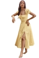 Robe longue fleurie jaune pâle avec manches bouffantes, col carré et fente latérale - S / Fond Jaune avec Petits Pois Blancs