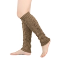 Detailed knit texture and cable pattern of khaki leg warmers on model leg - One Size / Khaki