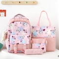 Pink 4-piece school backpack set with cartoon bear and star prints for girls - Pink