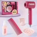 Kids hair salon toy set featuring a rose pink hair dryer with styling nozzles and comb - 5pcs Gift Box Set